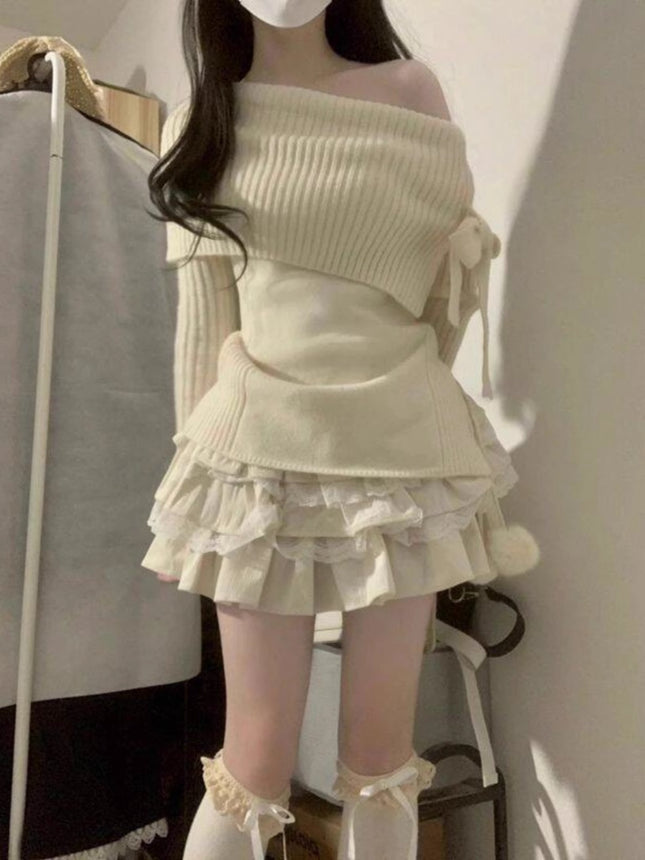 off-shoulder ambience long-sleeved sweet sweater top little cake pure skirt academic style suit