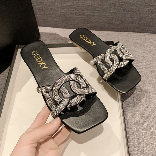 Cross-border Trade Rhinestone Cross Flat Slippers Women's 2024 Summer New Square Head Low-heeled Beach Sandals