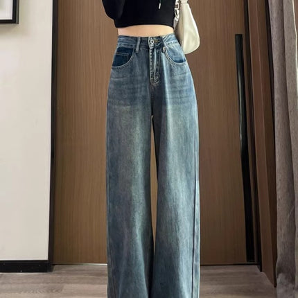 American Style Retro Narrow Wide Leg Jeans Women's Fashionable All-match High Waist Dipping Hip Covering Slimming Straight Floor Trousers