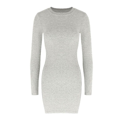 AC453 Cross-border New Round Neck Solid Color Elastic Tight Long Sleeve Bag Hip Slim-fit Slimming Figure dress