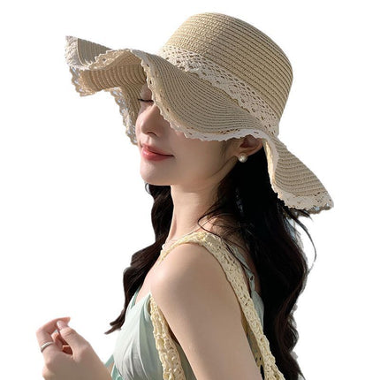 Summer Lace Flower Sunshade Hat Women's Korean-style Wave Straw Hat Showing Face Small Sun Hat Straw Hat in stock