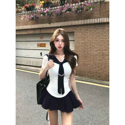College Style Sexy Suit for Women Summer New T-Shirt Top Pleated Skirt Two-Piece Set for Small People