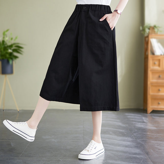 Actual Shot of 2025 Summer New Style Elastic Waist Loose Large Size Women's Versatile Fashionable Slim Casual Three-Quarter Wide Leg Pants