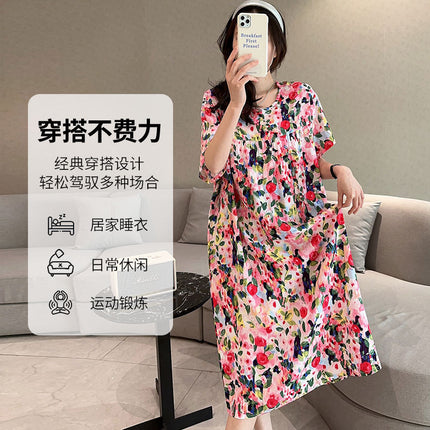Cotton Silk Nightdress Women's Short-sleeved Artificial Cotton Pajamas Summer Thin Large Size Loose Home Clothes Simple Floral Dress