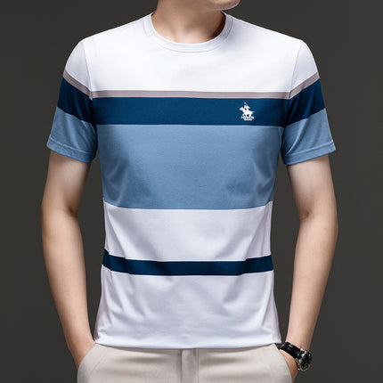 Famous Emperor Mouse Men's Summer New Middle-aged and Young Men's Pure Cotton T-shirt Round Neck Casual Striped Loose Short-sleeved T-shirt