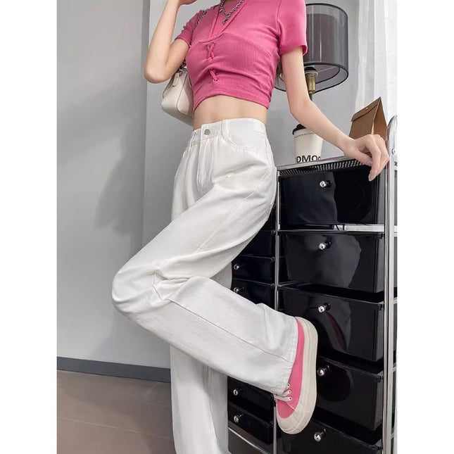 White Wide-Leg Jeans Women's Fashionable All-Match High Waist Slimming Loose plus size chubby girl Narrow Style Straight Pants