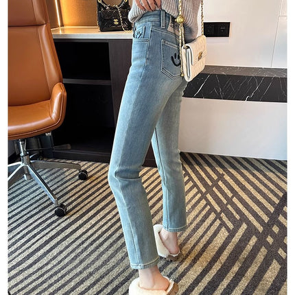 Embroidered Smiley Face Light-Colored Straight-Leg Jeans for Women, 2025 Spring New Popular High-Waisted Slim-Fit Cropped Cigarette Pants