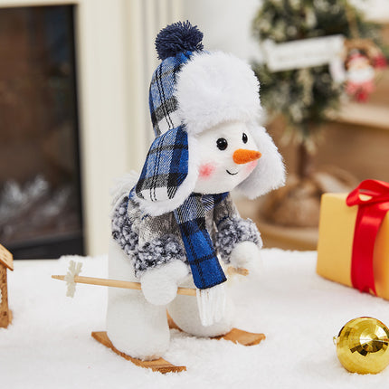Cross Border Christmas Decorations Ski Snowman Doll Desktop Doll Blue Gauge Fabric Christmas Iron Feet Snowman Ornaments