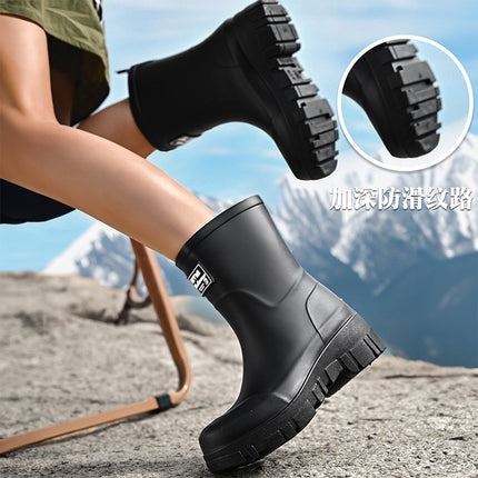 Cross-border Fashion Rain Boots Women's Thick-soled Wear-resistant Non-slip Water Shoes Korean-style Mid-high Camping Rain Boots Waterproof Car Wash Shoes