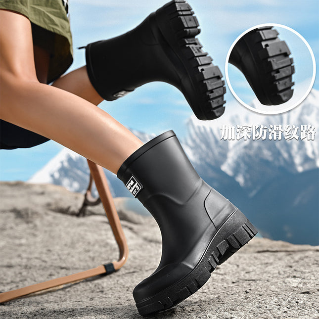 Cross-border Fashion Rain Boots Women's Thick-soled Wear-resistant Non-slip Water Shoes Korean-style Mid-high Camping Rain Boots Waterproof Car Wash Shoes