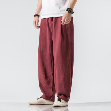 Pendant Wide-leg Pants Men's Loose Straight Linen Pants Chinese Style Spring and Summer Linen Bloomers for Fatty Men Cotton and Linen Casual Pants