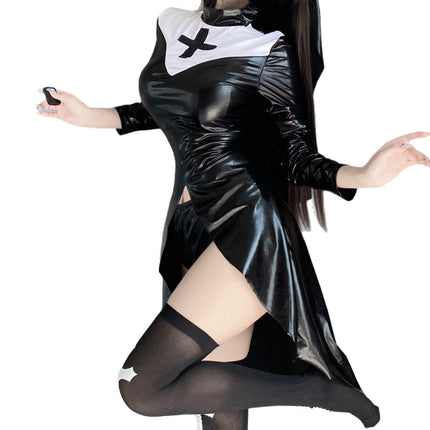 European and American Halloween Cos Cosplay Costume Sexy Pu Leather Skirt Nun Suit Witch Dark Gothic Uniform