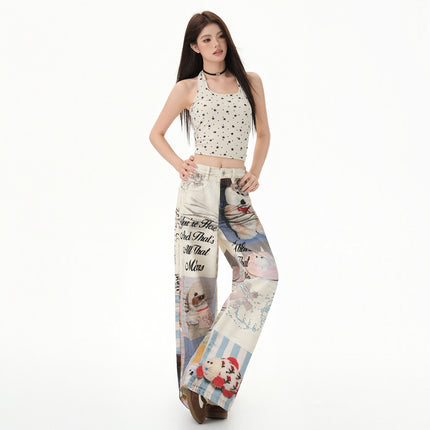 Raccoon House # American Retro Niche Fun Print Series Module Image Design Loose Wide-Leg Jeans Trendy