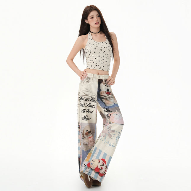 Raccoon House # American Retro Niche Fun Print Series Module Image Design Loose Wide-Leg Jeans Trendy