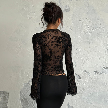 Sexy Hot Girl European and American Cross-Border Women's Solid Color Long Sleeve Lace Sheer Crop Top Fashion Sexy Nightclub Slim Fit Top