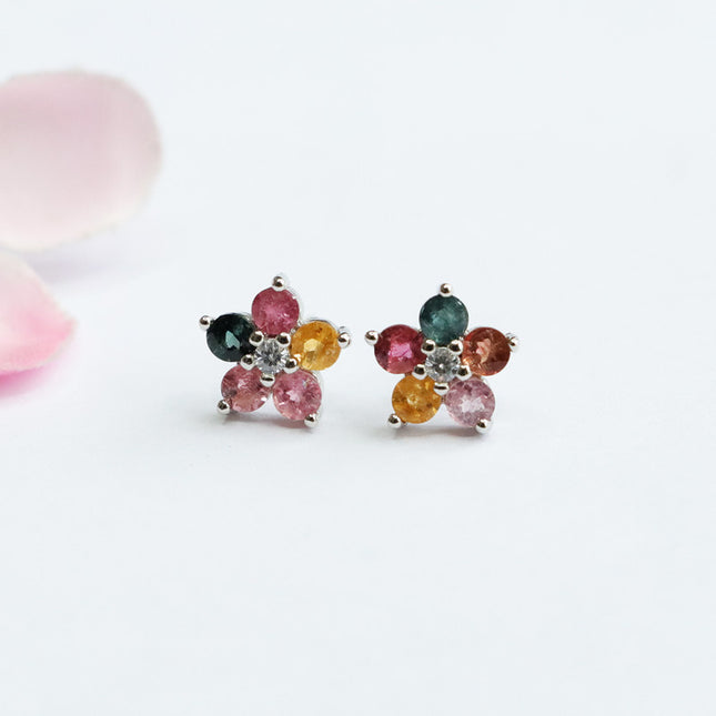 Guan Yu S925 Silver Needle Natural Tourmaline Earrings Flower Ear Hooks Gemstone Factory Wholesale Dropshipping S2053101