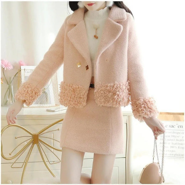 Winter New Wool suit Women's Thickened Lambskin Coat Fashion Skirt suit Skirt Elegant Two-piece Set