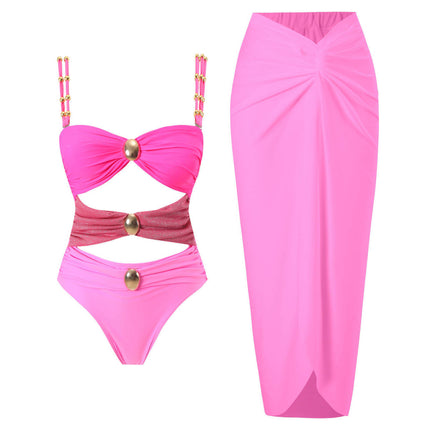 2025 European and American foreign trade new bikini AliExpress skirt swimsuit Amazon solid color stitching one-piece swimsuit women