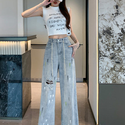 2025 New Light Blue Ripped Jeans for Women Summer Thin High Waist Loose Wide Leg Straight Floor Mopping Pants