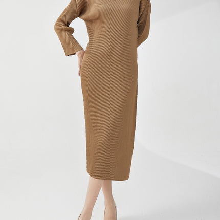Early Autumn Women's Loose Long-sleeved All-match Fish-scale Pleated Miyake dress Western-style High-end Long Dress Elegant Base Dress