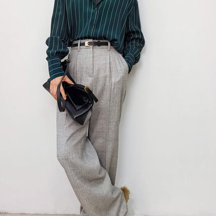 Special Offer: Commuter Ol Style, Simple and Elegant Seaweed Green Striped Print Silk Shirt for Women, Long-Sleeve Button-Up Mulberry Silk Blouse