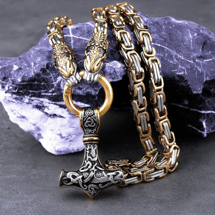 Cross-Border Popular Nordic Rune Hammer Pendant Necklace for Women, Stainless Steel Imperial Chain, Men's Wolf Head Necklace Wholesale