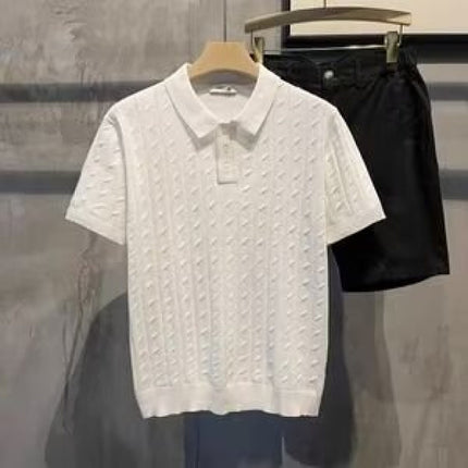 2025 Summer Cable Textured Lapel Short Sleeve Polo Shirt Men's Casual Easiest for Match Temperament Short Sleeve Sweater Trendy
