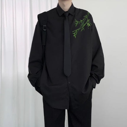 New Chinese Style Ice Silk Tang Dress Shirt Men's National Style Vintage Oil Painting Green Bamboo Printing Long Sleeve Shirt