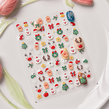 Crystal Diamond Happy Christmas Nail Art Stickers Tomoni Embossed Ins Cute Elk Gingerbread Man Nail Sticker Decoration