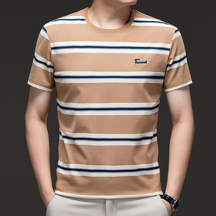 Mingdi Mouse Men's Summer New Short-sleeved Pure Cotton Crewneck T-shirt Business All-match Striped Young and Middle-aged Men's T-shirt
