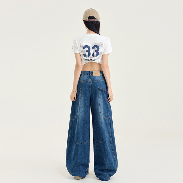 Vintage Trendy Brand Scimitar Wide Leg Jeans Women's Autumn and Winter 2024 New Straight Loose High Waist Slimming Mop Pants