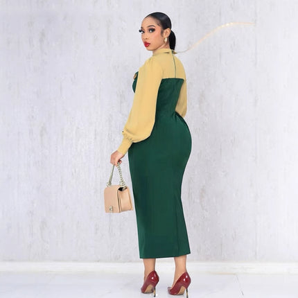 S10996 European and American Elegant Contrast Tight Waist Hip Button Decorative Rear Sip dress