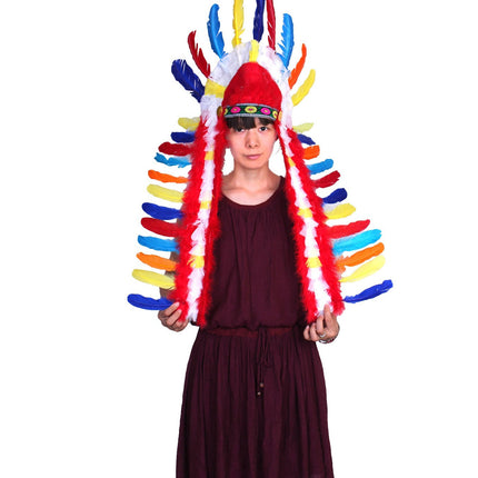 1Halloween Savage Cos Feather Headdress Indian Feather Headdress Red White Black Feather Indian Chief Cap