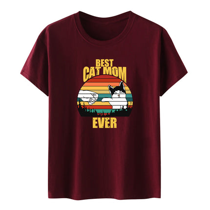 Amazon Summer Best Cat Mom even Mother's Day Fist Cat Letter Printed Casual Short-sleeved T-shirt Women