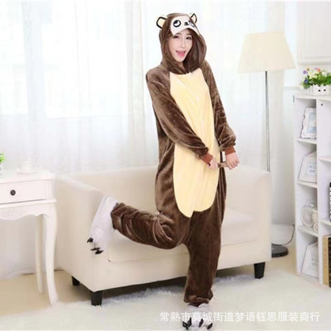 Mixed Batch of Animal Brown Monkey Adult Cartoon One-Piece Pajamas Autumn and Winter Flannel Thickeneded Toilet Version Home Clothes