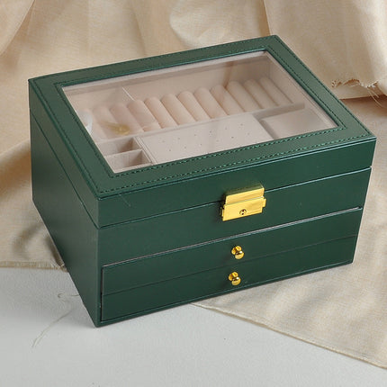 Jewelry Box Three-Layer Leather Jewelry Bracelet Storage Box with Hardware Lock and Window for Rings and Earrings Gift Box