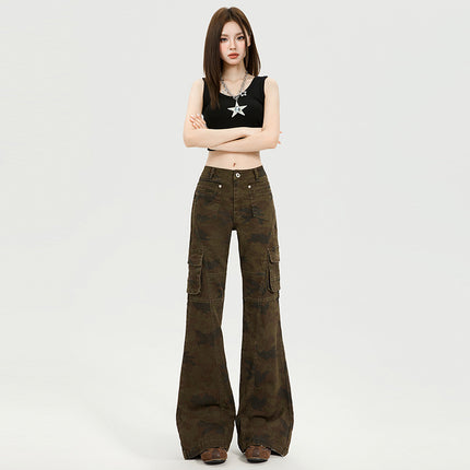 American Retro Camouflage High-Waisted Flared Cargo Pants for Women, Spring and Autumn New Slim-Fit Drapey Casual Bell-Bottom Pants for Women
