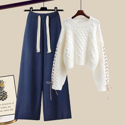 plus size Women's Autumn and Winter suit Women's 2024 New Pullover Knitted Sweater Women's Loose Slimming Wide Leg Pants Two-piece Set