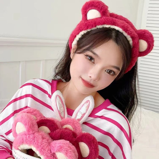 Strawberry Bear Plush Ear Headband for Washing Face, Hair Tie, Face Mask, Makeup, Bear Headband, Heart Bangs