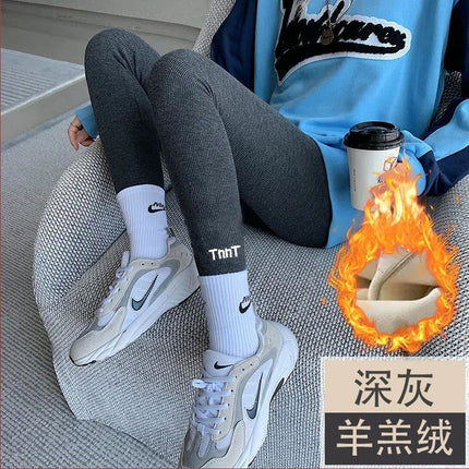 Source Gray Vertical Pattern Warm Plus Velvet Leggings for Women's Outer Wear in Autumn and Winter Thickened High Elastic High Waist Slimming Dropshipping