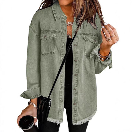 Cross-border New Washed Denim Shirt Jacket 2024 European and American Women's Autumn and Winter Distinctive Street Style Edge Hem Jacket