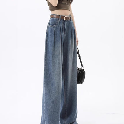Vintage Pleated Drape Wide-Leg Jeans for Women, Autumn 2025 New High-Waisted Loose Slimming Straight Floor-Length Pants