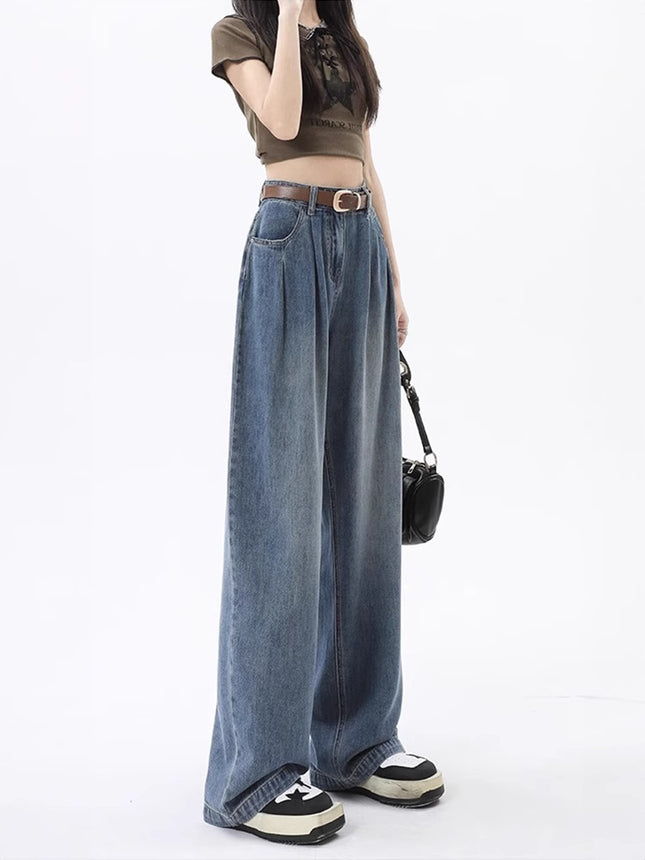 Vintage Pleated Drape Wide-Leg Jeans for Women, Autumn 2025 New High-Waisted Loose Slimming Straight Floor-Length Pants