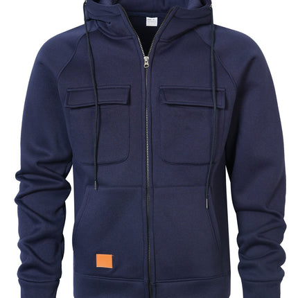 Spring, Autumn and Winter American Workwear Retro Hooded Loose Brushed Sweatshirt for Men, Youth Multi-Flap Pocket Pants Leather Cardigan Jacket
