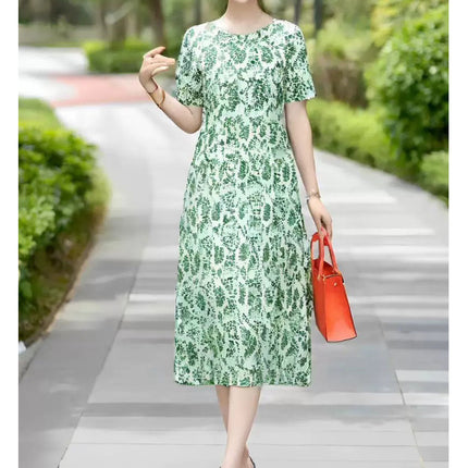 Miyake pleated 2025 summer new temperament round neck printed pleated skirt fashion waist thin magic dress