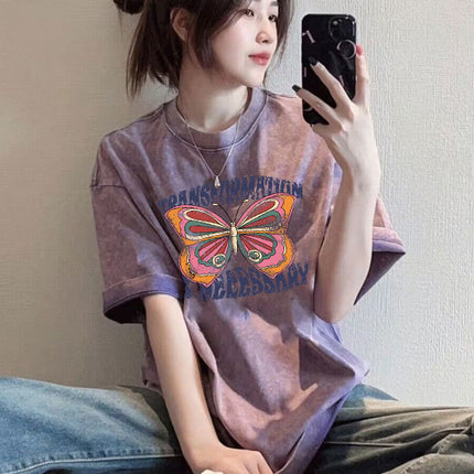 Washed Distressed Pure Cotton Short-Sleeved T-Shirt for Women Ins Trendy Loose Retro Large Size Slim Couple Half-Sleeved Top Summer