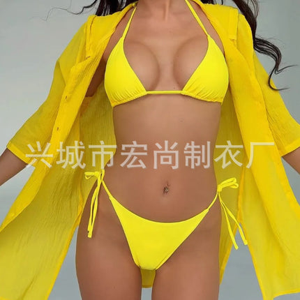 2025 Advanced Multicolor Bikini Foreign Trade Swimwear European and American in stock Solid Color Bikini Triangle Swimsuit Russia