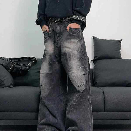 American Style Retro Niche Lightning Pattern Wide-legged Jeans Men's Loose Washed Pleated Straight Casual High Street Long Pants