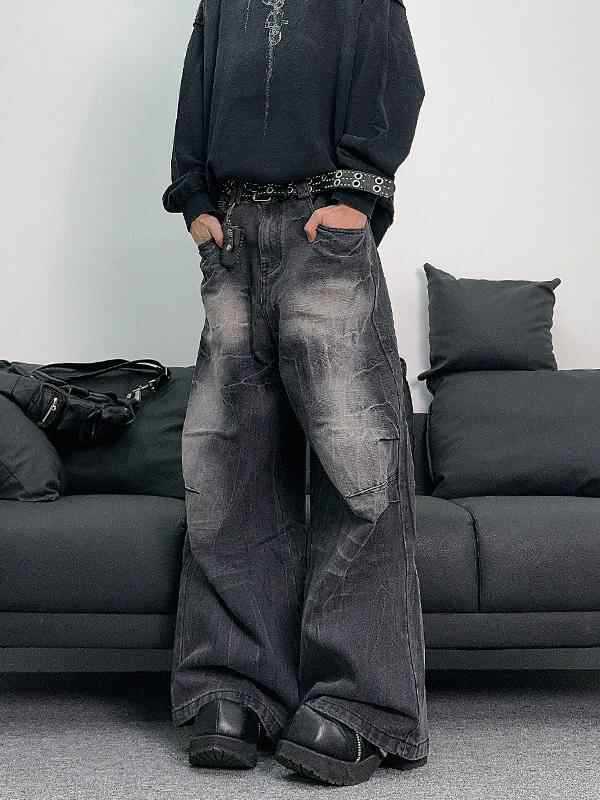 American Style Retro Niche Lightning Pattern Wide-legged Jeans Men's Loose Washed Pleated Straight Casual High Street Long Pants