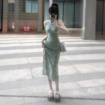 New Chinese Style Improved Cheongsam Halterneck Suspender Dress for Women Summer Waist Slimming Slit Hip-Covering Green Long Skirt
